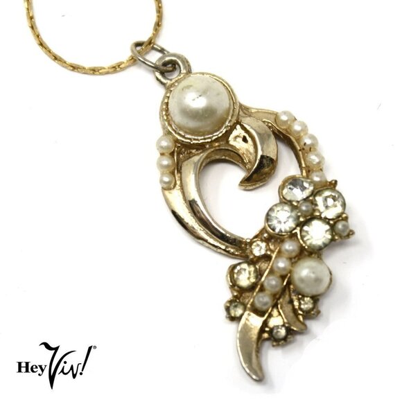 Vintage Pendant Necklace Faux Pearls and Rhinestones Deco Style - Hey Viv - Picture 2 of 5